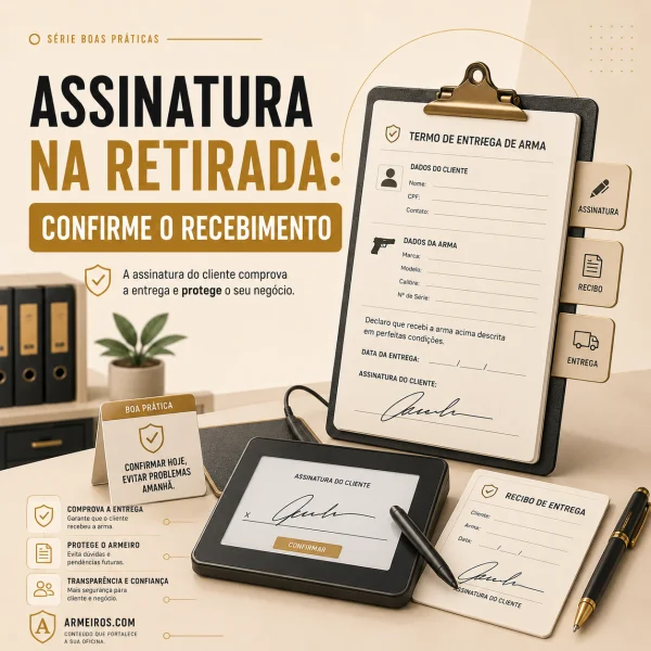 Entenda por que confirmar a retirada com assinatura do cliente ajuda a comprovar a entrega da arma, acessórios, documentos e encerramento da O.S.